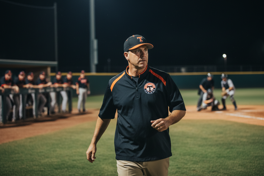 Coach wearing Liberty Center Baseball Jacket under the lights