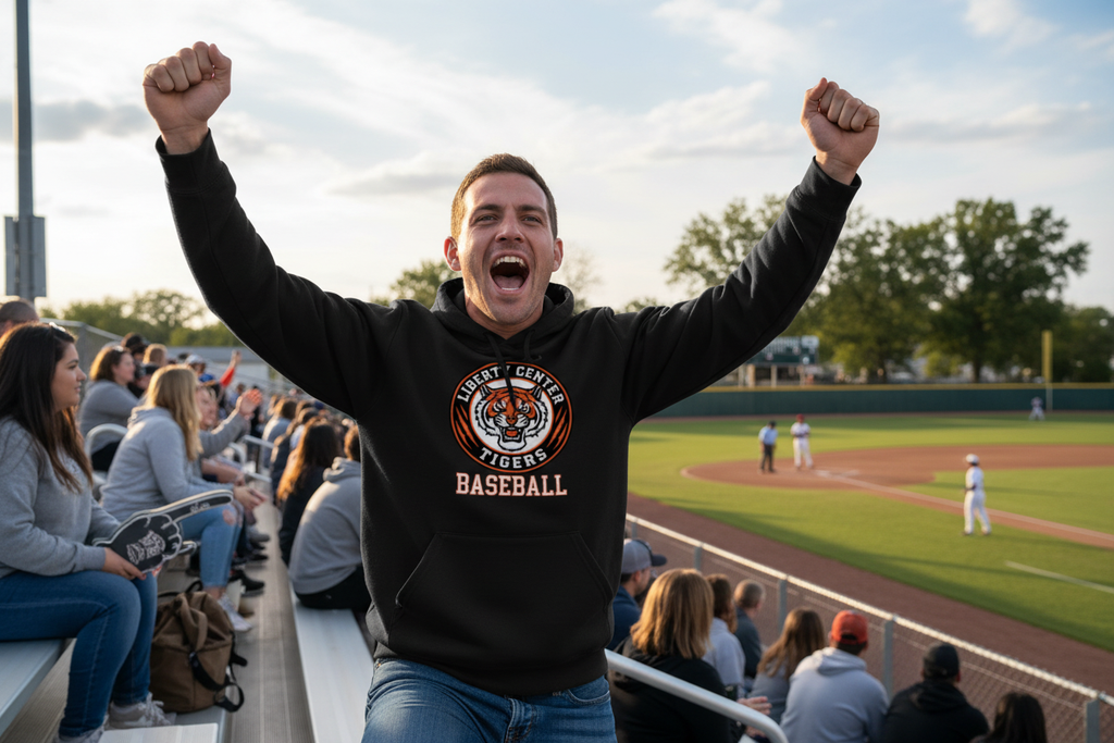 Fan wearing Liberty Center Tigers Hoodie at Baseball Game