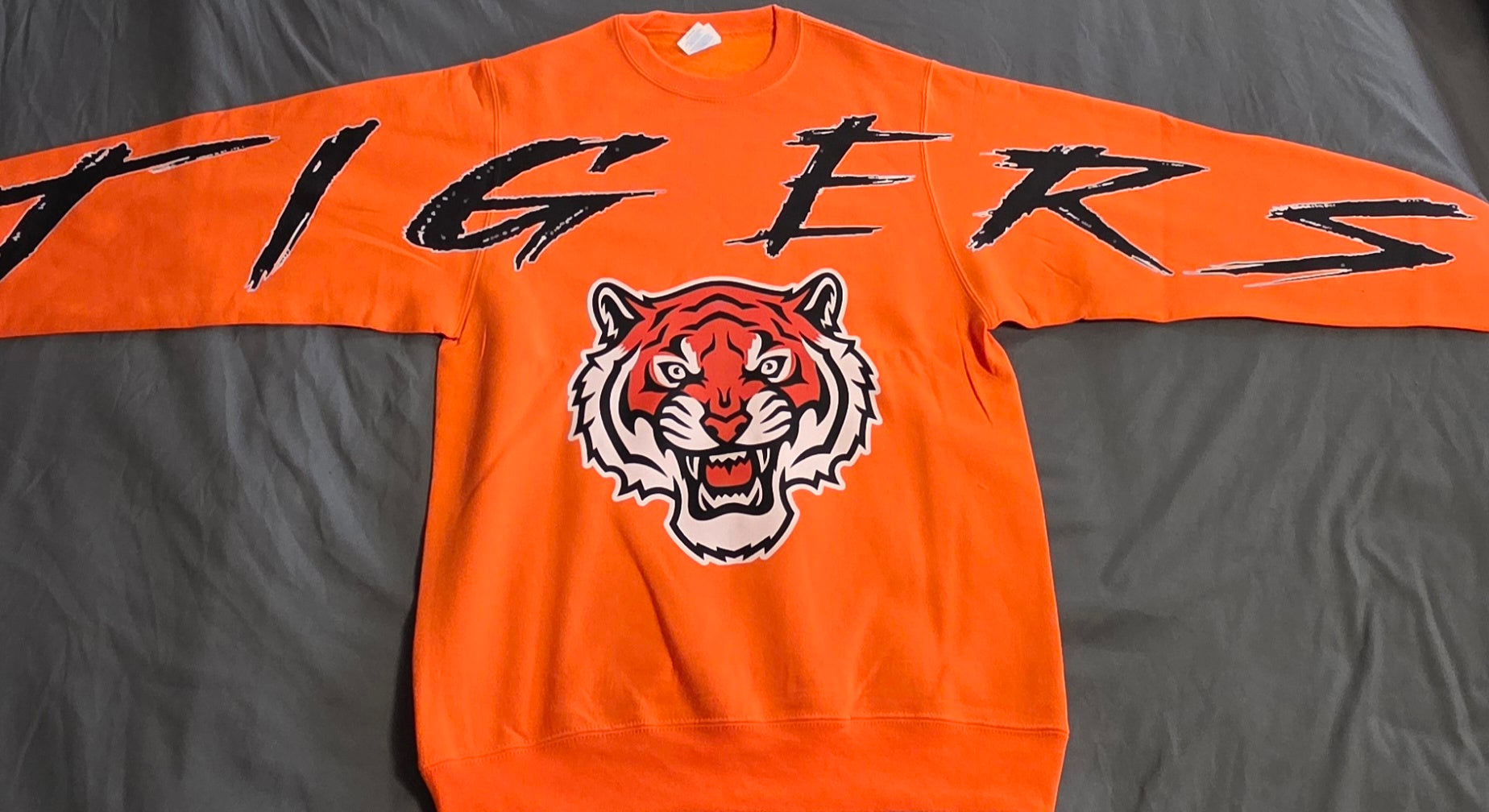 LC Tigers Orange Crew Sweatshirt Black Tigers Letters