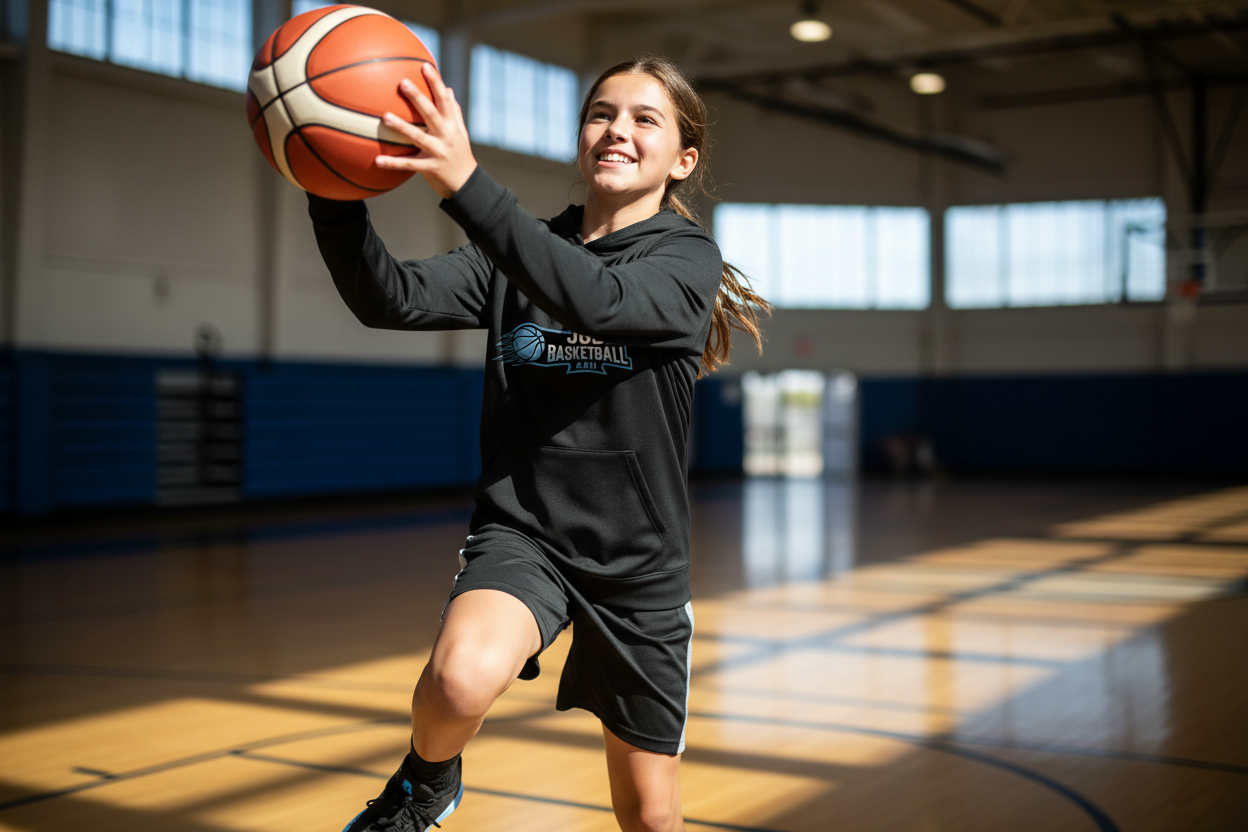 Young female basketball player wearing Sport-Tek hoodie