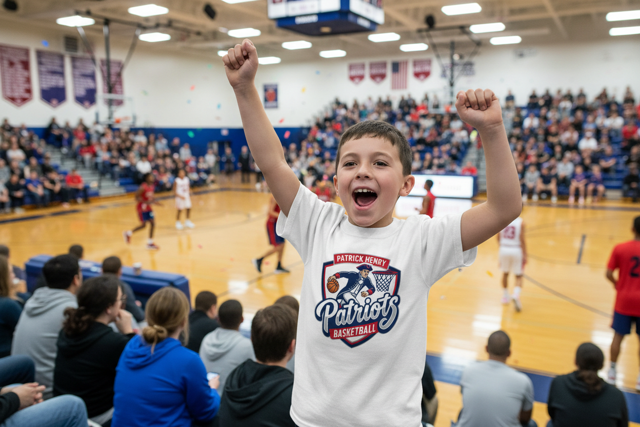Younger fan wearing Patriots Basketball T-shirt at Game